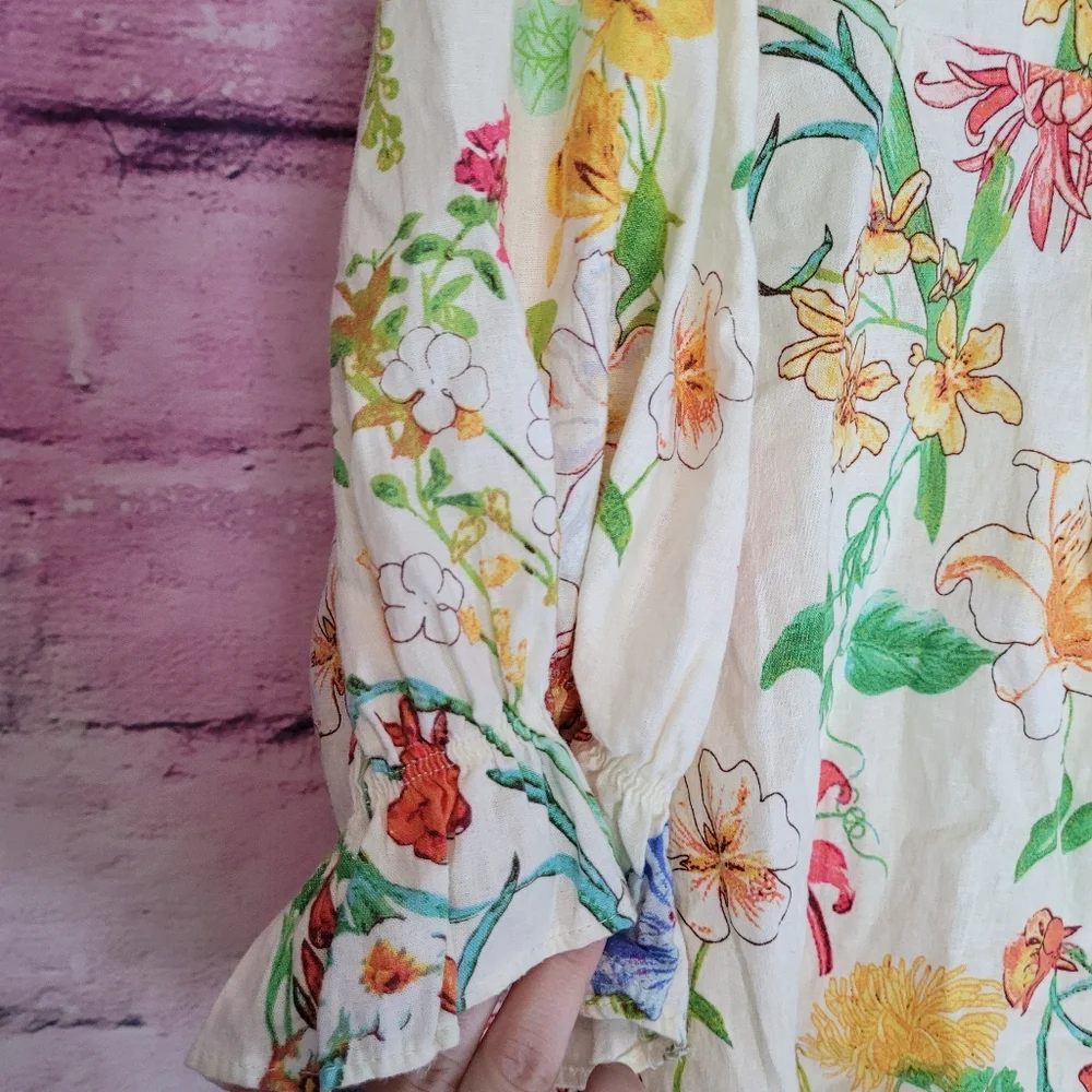 LAURA ASHELY LINEN BLEND BUTTON FRONT FLORAL PRINTED PUFF SLEEVE BOHO BLOUSE L - Picture 6 of 12
